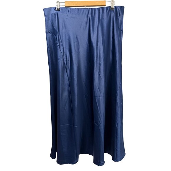 PrettyGarden Womens Midi Satin Skirt Navy Blue XXL Elegant A-Line - Picture 1 of 12